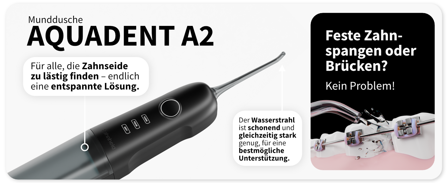 Munddusche AQUADENT A2 | Бездротова | Для дому та в дорогу | Water Flosser | Ефективне очищення міжзубного простору | 3 програми | Чорний