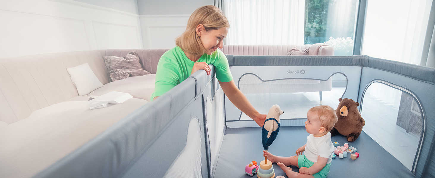 Дитячий манеж Lionelo Willow сірого кольору 120x180x68 см з сіткою, для дітей 0-48 місяців