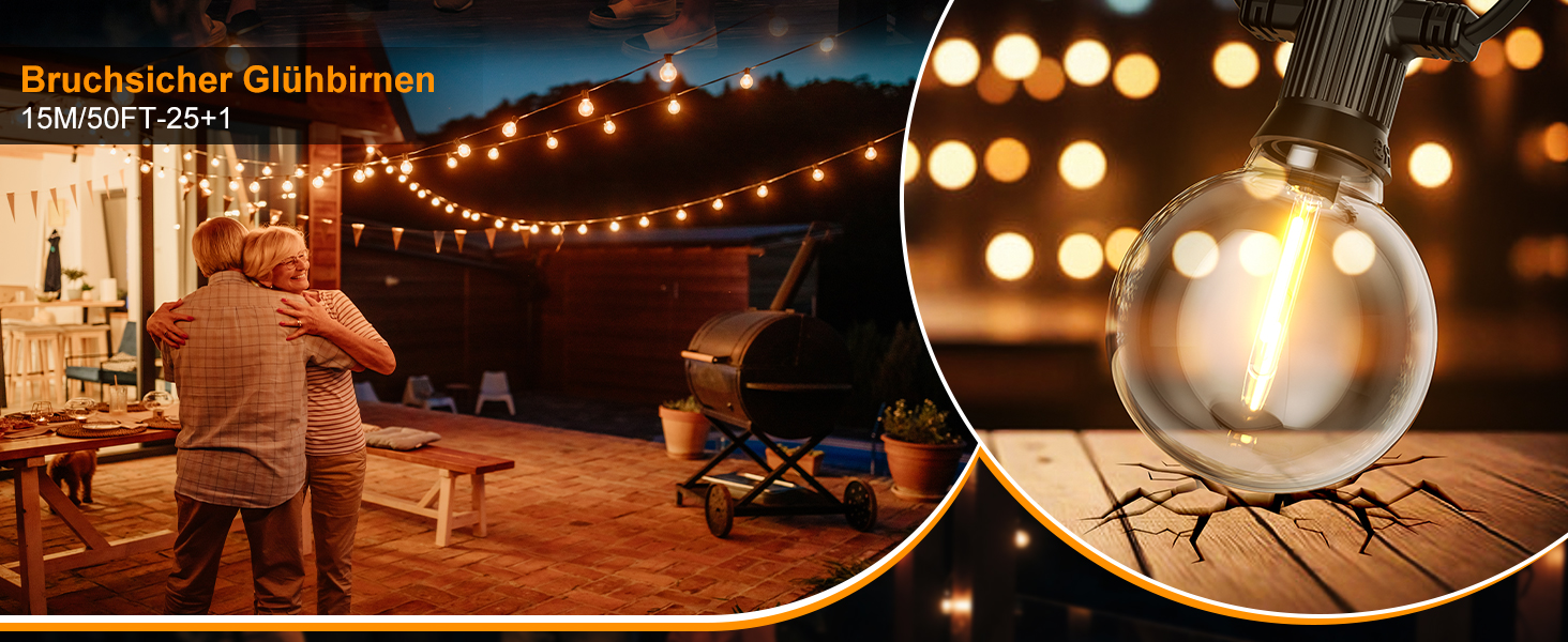 Ланцюжок прикрас Kawaya 10M з LED-лампочками для вулиці: 15+1 лампа, IP65, тепле світло, для балкона, тераси, саду, вечірки