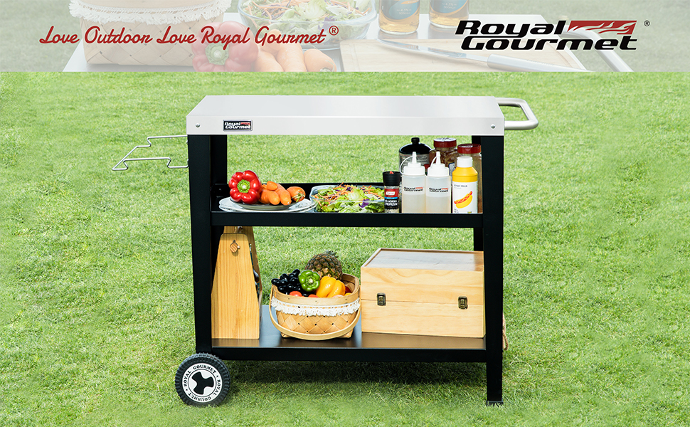 Сервісний візок Royal Gourmet з 3 ярусами, контейнер для сміття, візок для кухні, приставний столик, гриль Plancha, візок для гриля, з нержавіючої сталі, срібний, робоча поверхня 85 x 50 см