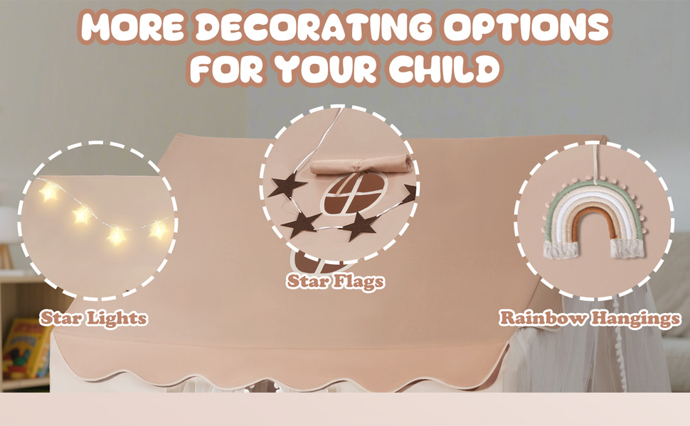 Дитяче намет-ігровий будиночок Snookids Kinderzelt Indoor з килимком, ліхтариками, прикрасами-веселкою та прапорцем-зіркою для хлопчиків та дівчаток