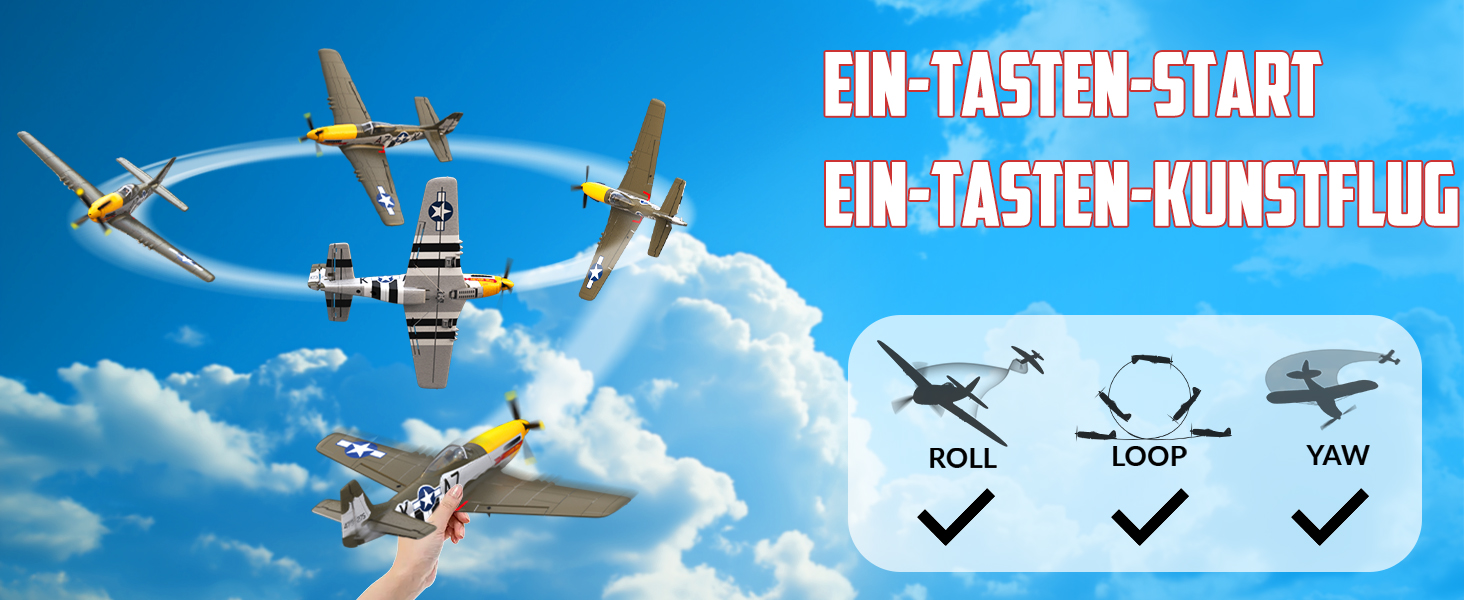 RC літак HAWK'S WORK P-51D Mustang 2.4GHz - Готовий до польоту, 6-осьовий гіростабілізатор, для дітей та початківців (зелений, безщітковий)