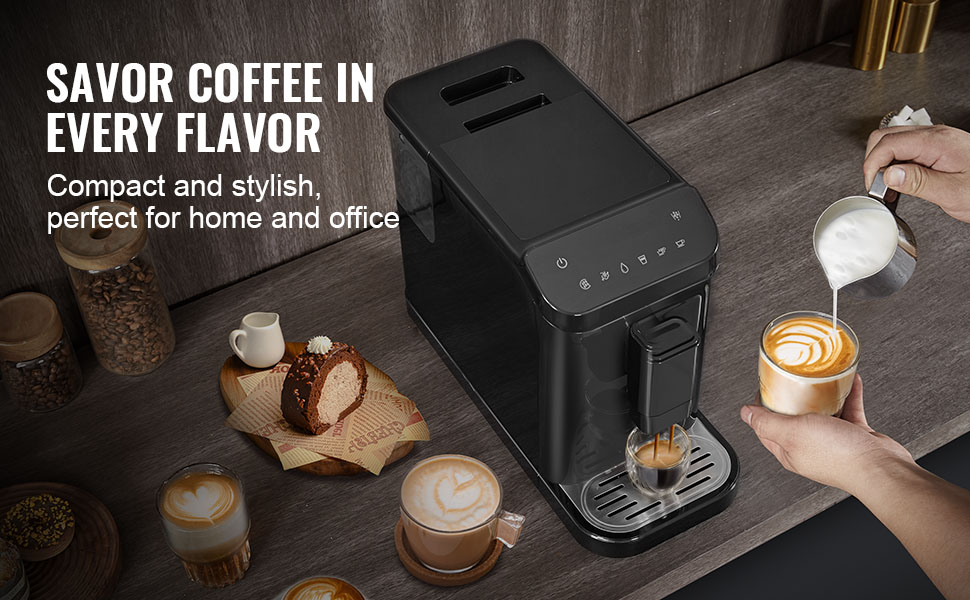 Автоматична кавомашина VEVOR CM9002E-GS з вбудованою кавомолкою, 15 ступенів помелу, об'єм резервуару для води 1,5 л, ємність для зерен 180 г