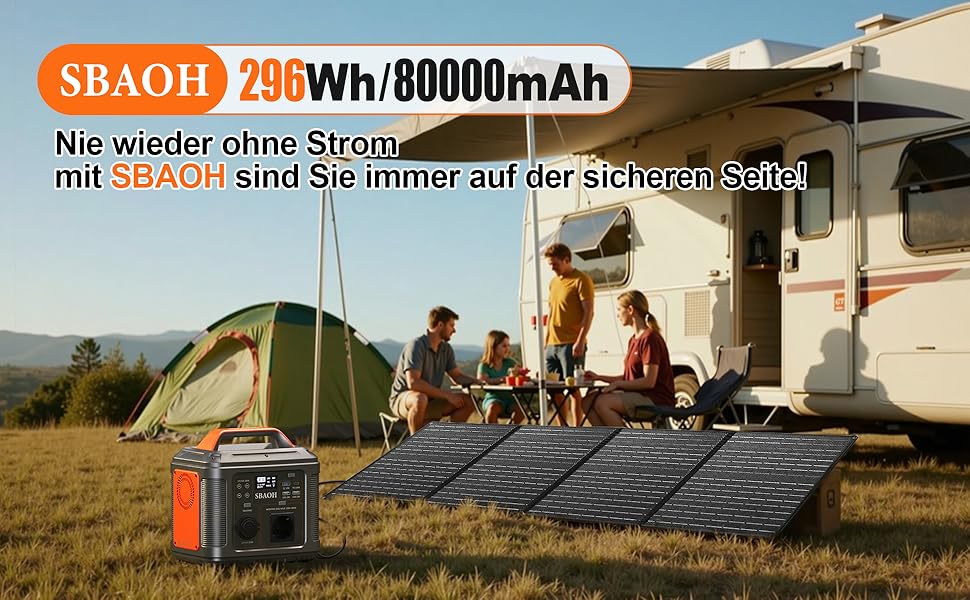 Портативна електростанція SBAOH 296Wh з LED-ліхтариком, 300W, 230V, USB, DC, для кемпінгу та подорожей (з сонячною панеллю 60W)