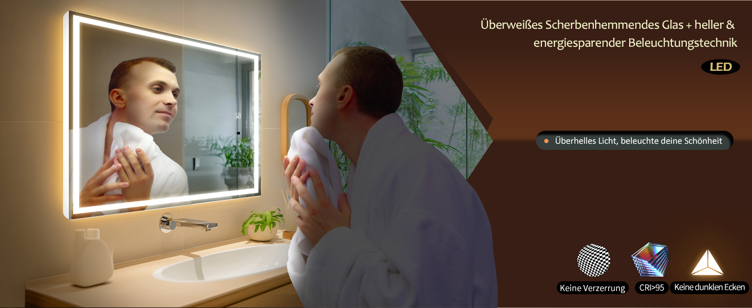 Дзеркало з LED-підсвічуванням та сенсором, з Bluetooth, регульоване освітлення, протитуманне, водонепроникне IP44, для ванної кімнати, 50 x 70 см