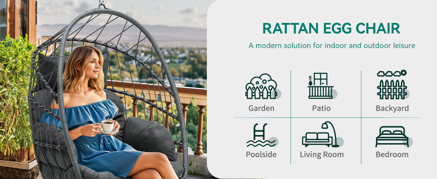 Крісло-гойдалка YITAHOME для дому та саду, сіре, з подушками, 150 кг, 105x74x72 см