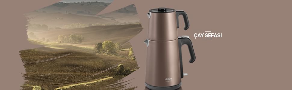 Електричний чайник Arzum Ehlikeyf – турецький чайник, 2200W, 3,5л, 1,2л глечик, нержавіюча сталь, регулювання температури, захист від сухого кипіння