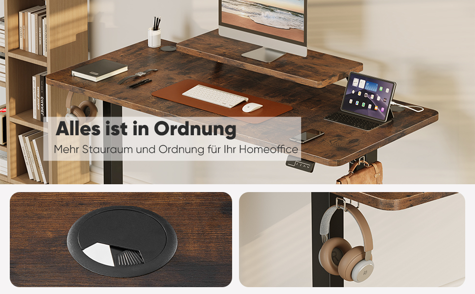 Регульований стіл Sweetcrispy з підставкою для монітора, 120 x 60 см. Електричний, ергономічний стіл для стоячи/сидячи, комп'ютерний стіл, вінтажний коричневий, 120 x 60 см