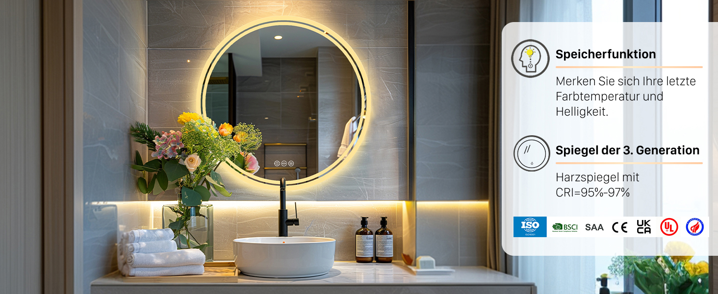 Дзеркало для ванної кімнати LUVODI кругле з підсвічуванням: LED дзеркало 60 см з регульованою яскравістю, 3 кольори світла, сенсорне управління, запобігання запотіванню, енергозбереження, для ванної кімнати, гостьового туалету