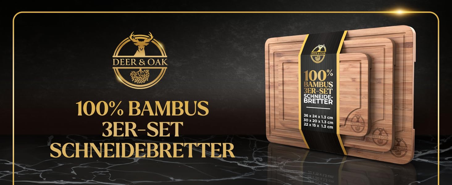 Набір дощок для нарізання Deer & Oak з бамбука XXL та велика (43x30 & 38x25 см) – 2 дерев'яні дошки для м'яса та овочів + ніж (3 предмети)