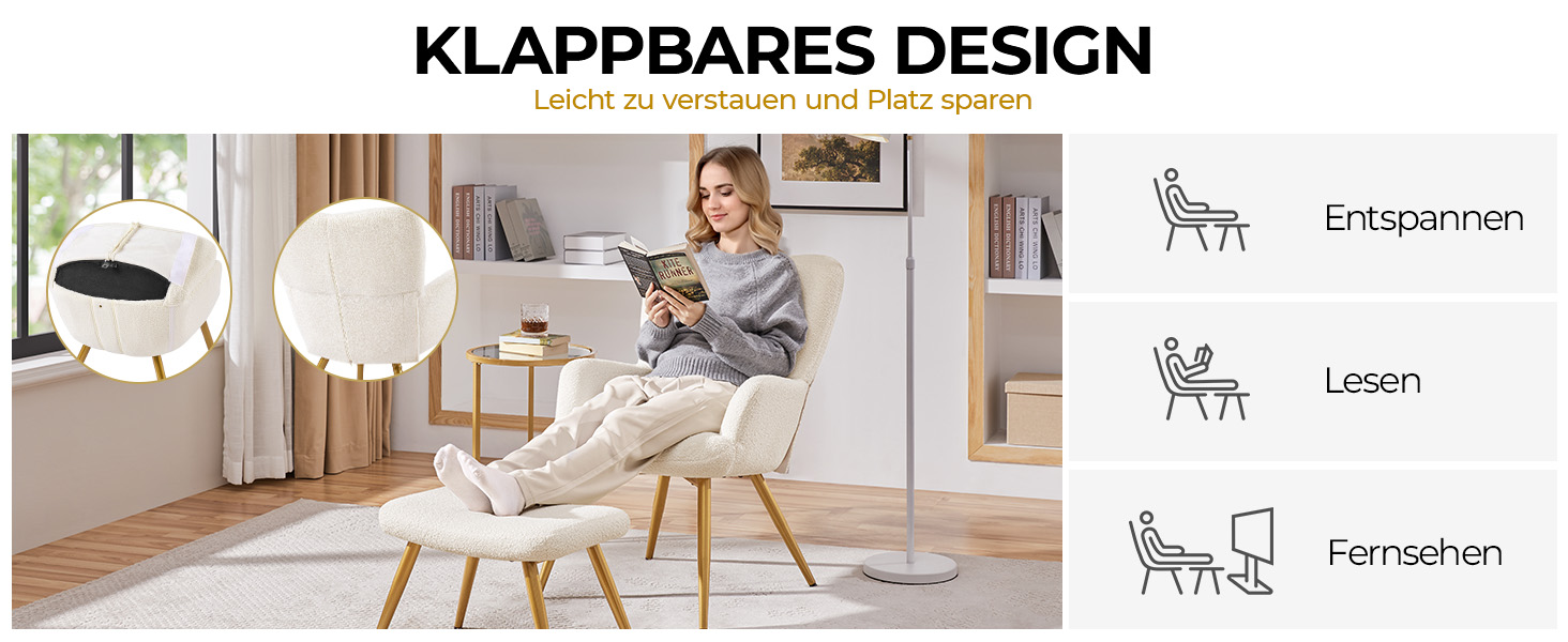 Крісло-навушник Yaheetech з пуфом з тканини Boucle, крісло для відпочинку з підставкою для ніг, розкладне крісло для вітальні/спальні, колір слонова кістка