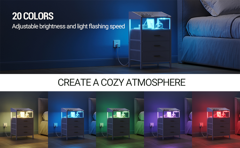 Приліжкова тумба з LED-підсвіткою, USB і розетками, 3 текстильні шухляди, полиці, для спальні та вітальні, біла NS31013W