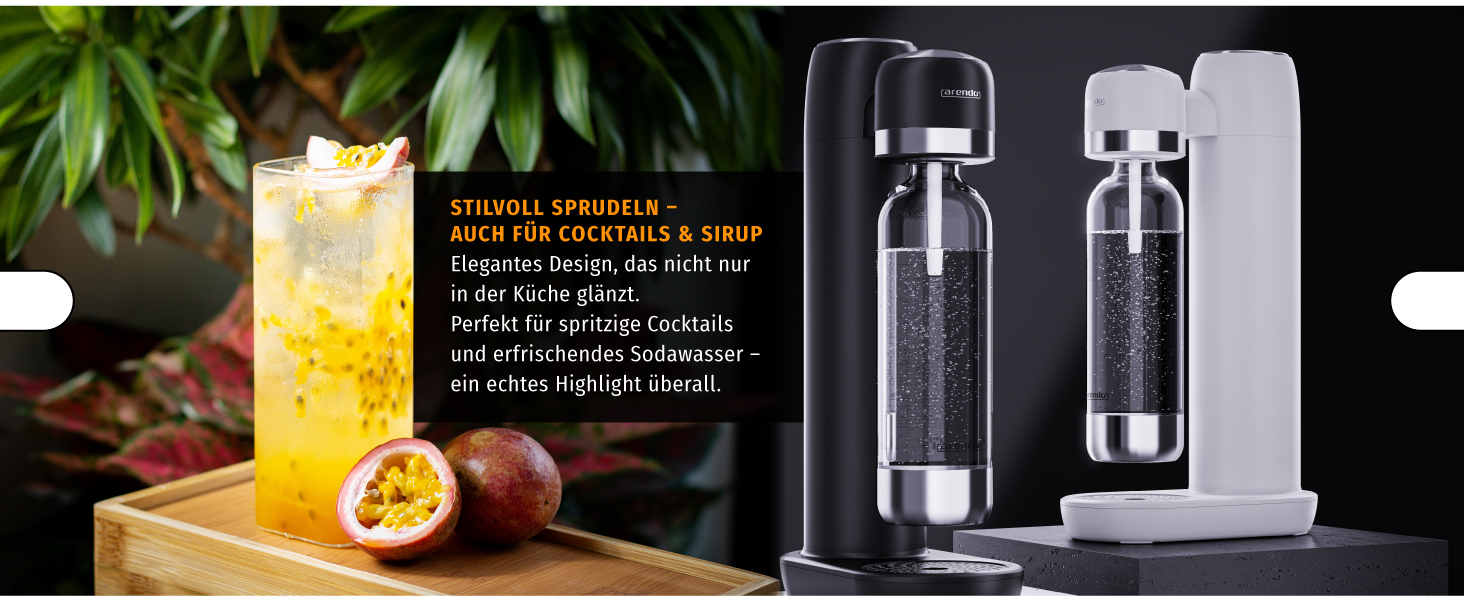Сифон для газування води Arendo Soda Maker: набір з пляшкою 1000 мл (BPA-free) та сталевою пляшкою 1000 мл, сумісність з 60 л CO2 циліндрами, чорний