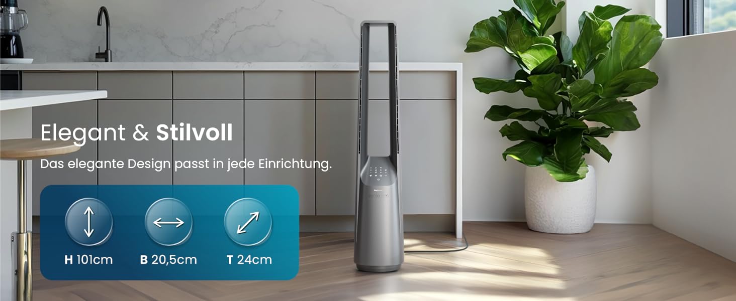 Pro Breeze Tower Fan 101 см без лопатей - вентилятор з LED дисплеєм, 6 швидкостей, 5 режимів, автоколивання 60°, таймер 7 годин (пульт, срібний)