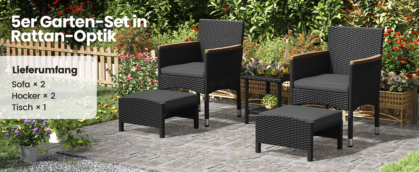 Садовий набір меблів Yaheetech 5 предметів: 2 крісла, 2 пуфи, столик для балкона та тераси (чорний та сірий)