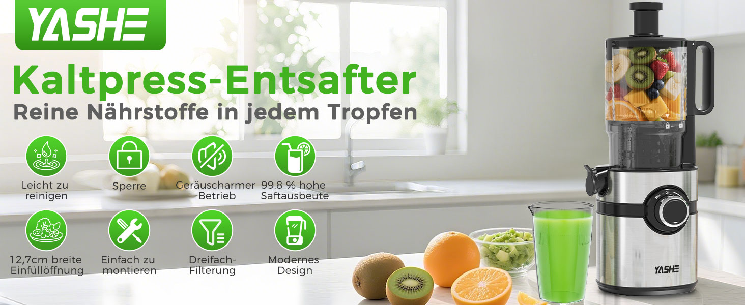 Шокер YASHE для вичавлювання соку, повільний соковичавник з широким завантажувальним отвором 12,7 см для цілих фруктів та овочів, соковичавниця з автоматичною подачею, висока вихідність соку, легко миється, чорний