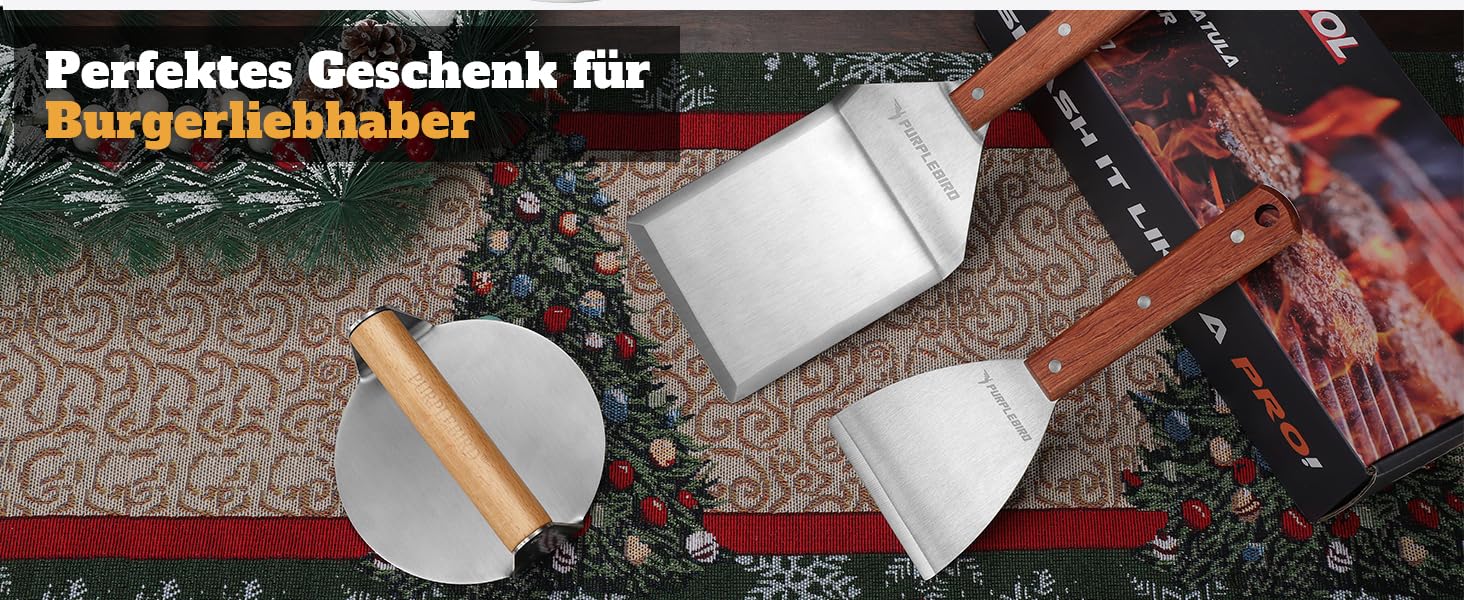 Набір гриль-посуду PURPLEBIRD 5 предметів: професійний інструмент з нержавіючої сталі, сумка-фартух, дерев'яні ручки, ідеальний для BBQ, Teppanyaki, подарунок для чоловіків (набір для бургерів)