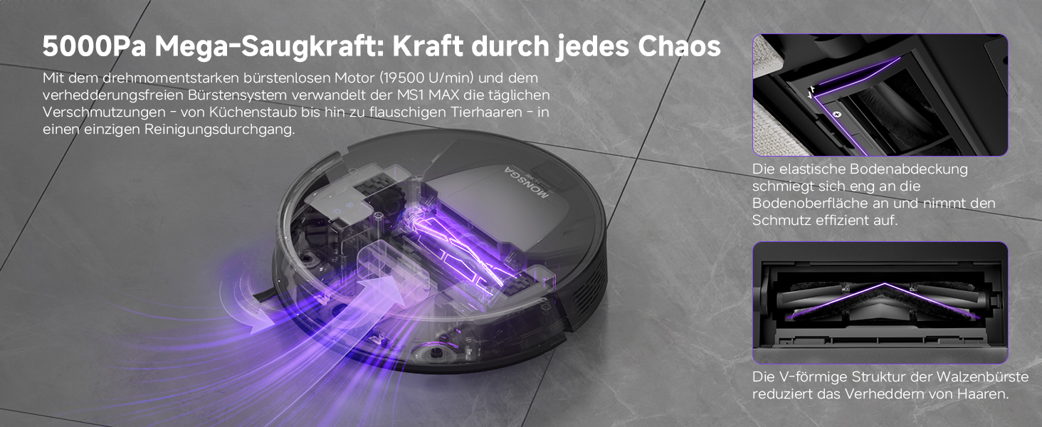 Робот-пилосос MONSGA з функцією миття, 3.5L, потужність всмоктування 5000Pa, час роботи 180 хв, навігація LiDAR, APP керування, чорний