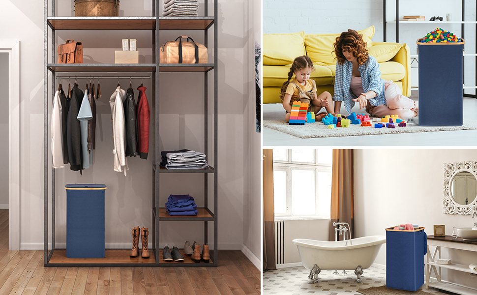 Кошик для білизни з кришкою Efluky, 100 л, блакитний, XL, з бамбуковими ручками та внутрішніми кишенями для сортування