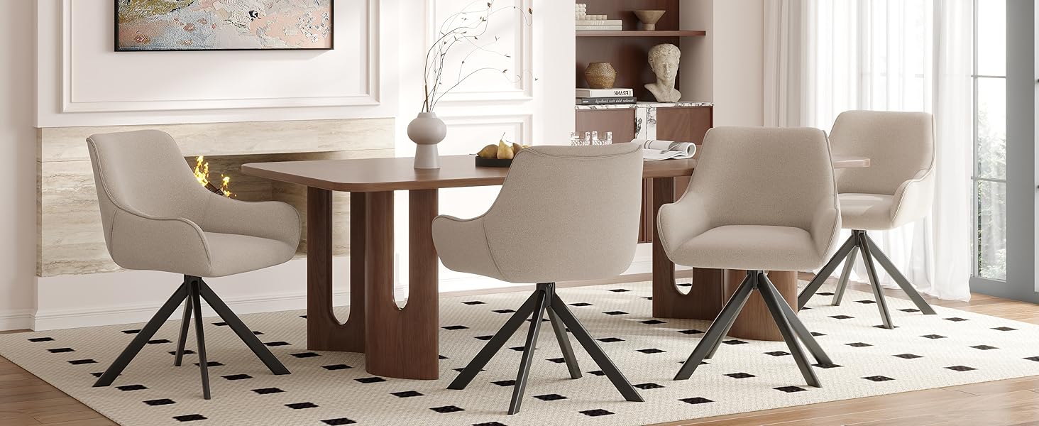 Набір обідніх стільців 6 шт. з підлокітниками, поворотні на 360°, з м'яким сидінням з льону, сучасний дизайн, металевий каркас, для кухні, вітальні, офісу, бежевий, 6 шт.