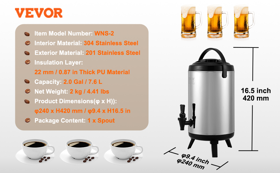 Диспенсер для гарячих та холодних напоїв VEVOR 17.2 л, нержавіюча сталь. Диспенсер для води, кави, молока, соку. Ізотермос 7.6 л