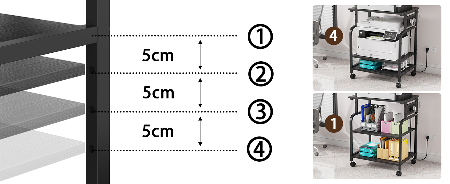 Трирівневий стіл для принтера з розеткою та USB-портами, регульовані полиці, роликовий стійка для принтера для дому/офісу, 3D/лазерний принтер, термопрес (Чорний) Чорний 60 см