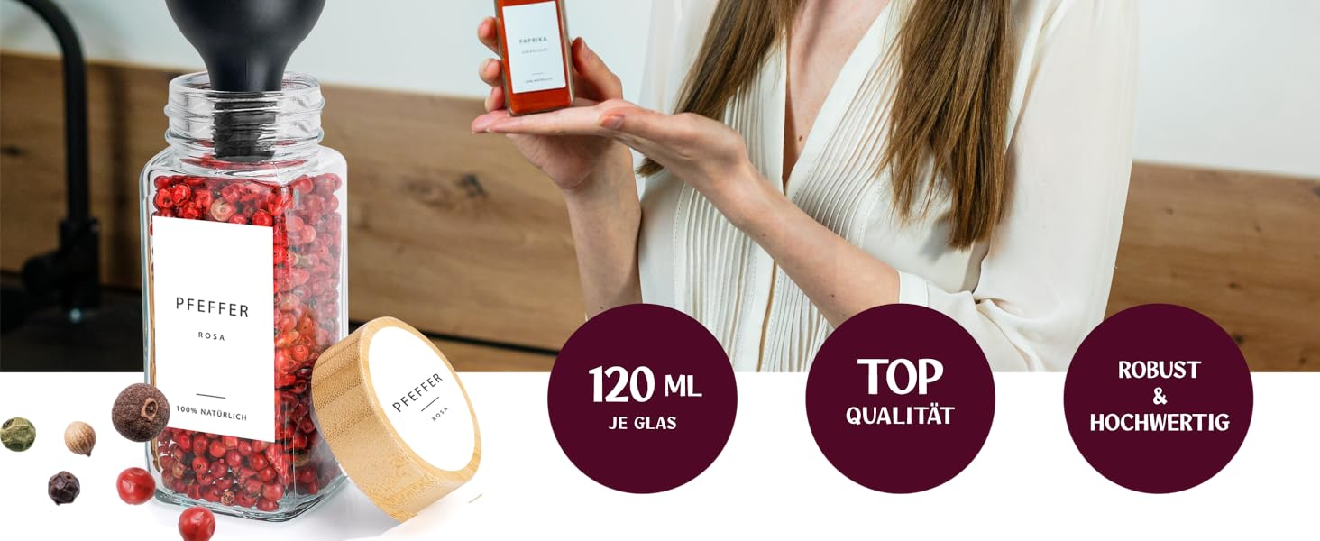 Набір баночок для спецій з дозатором [24 x 120 мл] з етикетками | Баночки для спецій з бамбуковими кришками, органайзер для зберігання, 24 шт.