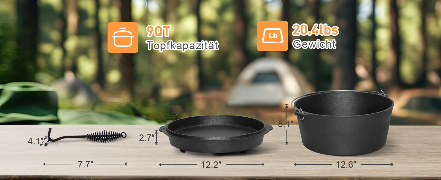 Чавунний казан (Dutch Oven) з кришкою-сковорідкою, набір 9 л, передзагартований казанок з ручкою-знімачем для outdoor та indoor, чорний