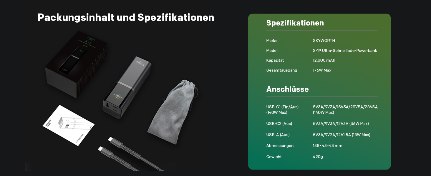 Power Bank STRONG S-19, 12000mAh, 176W, USB-C PD 3.1 + UFCS, TFT-дисплей, для iPhone, Galaxy, MacBook, iPad, 12000 мАг