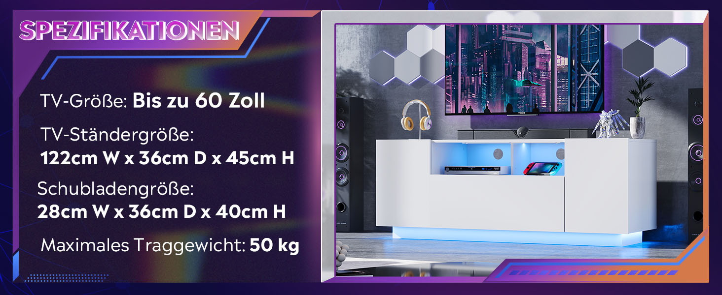Тумба під телевізор WLIVE з LED підсвіткою, глянцева, 122x36x45 см - 20 кольорів, шафи та відкриті полиці, відкидні дверцята, біла