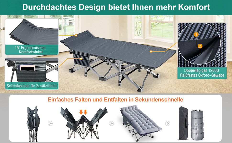 Розкладне кемпінгове ліжко з матрацом та кишенями, сталевий каркас, навантаження до 200 кг, 190x71x36 см, сіре — для кемпінгу, саду та офісу