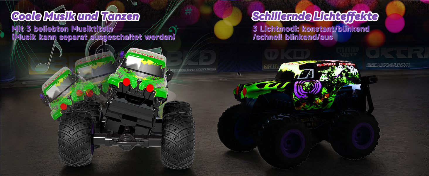 Радіокерований монстр-трак 1:20 2.4GHz, 20 км/год, зелений динозавр з підсвіткою LED та музикою для хлопчиків та дівчаток від 3 років