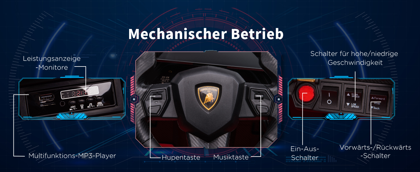 Електромобіль Lamborghini SIAN HOMCOM 12V для дітей, з пультом, музикою (MP3/USB), світлом, металевий, червоний, 108x62x40 см, для дітей 37-60 місяців