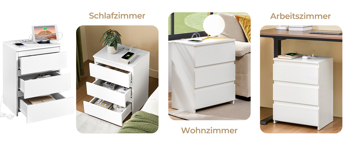 Нічний столик Yaheetech з 3 висувними ящиками, 2 розетками AC та 2 USB-портами, для спальні/вітальні