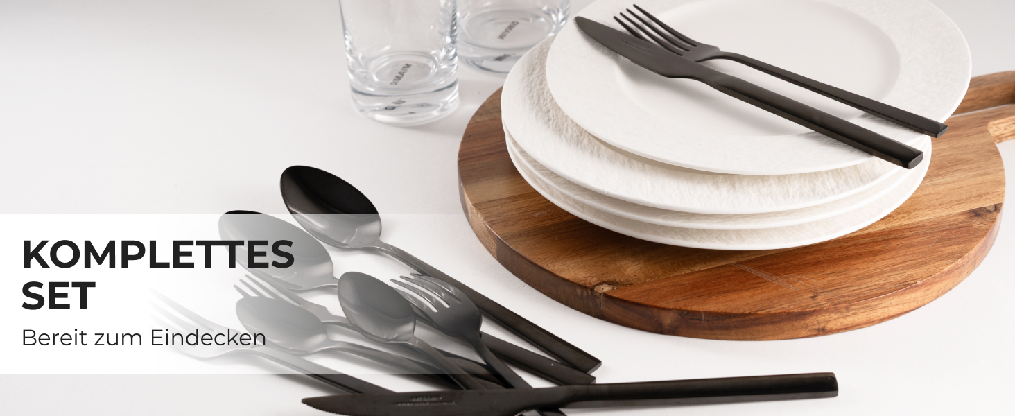 Набір столових приборів Miamio для 6 осіб (36 предметів) – нержавіюча сталь 18/10, чорний колір, придатний для миття в посудомийній машині