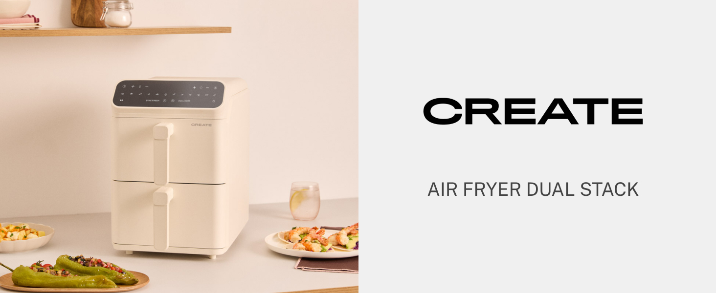 Фритюрниця без олії повітряного приготування 4.2L з пароваркою / Об'єм 5-6 порцій, 6 програм, скляна корзина, регулювання часу та температури, 1300W (11.2L ДУАЛЬНА СТАК, Кремовий білий)