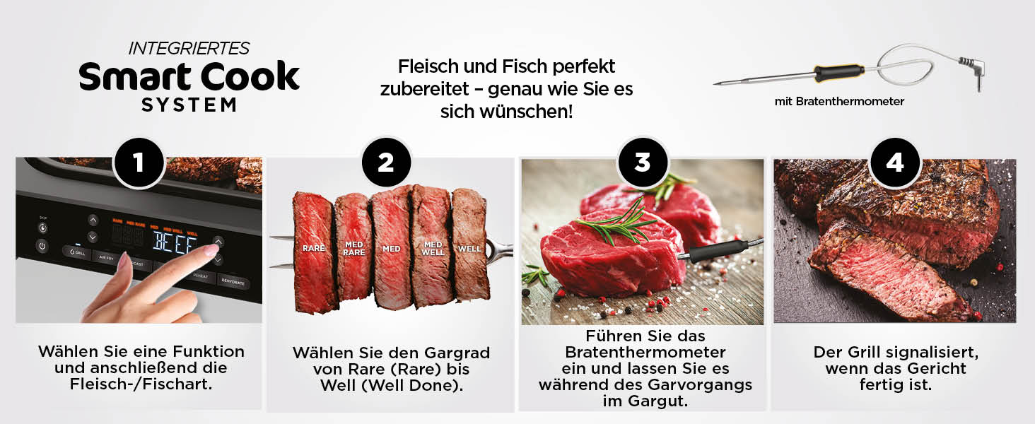 Ninja MAX 6-в-1 гриль та фритюрниця з гарячим повітрям для дому, 6 функцій приготування, об'єм 3.8 л, цифровий термометр, сірий/срібний, DG551EU