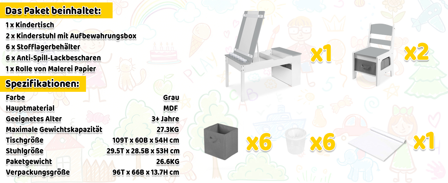 Дитячий стіл Kinder-Kunsttisch-Set з 2 стільцями: дерев'яний активний стіл для малюків з регульованою стільницею, відрами для фарб та 8 тканинними ящиками для зберігання (сірий/білий)