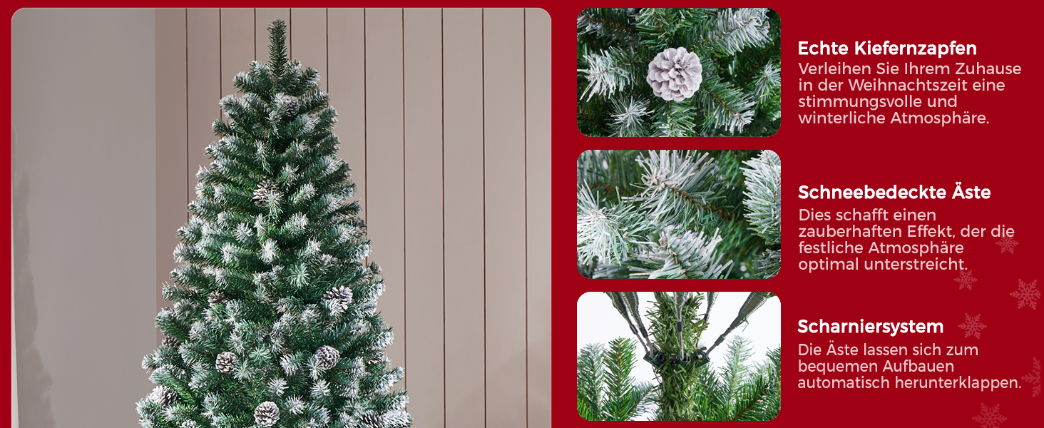 Штучна ялинка Yaheetech зі снігом та 64 шишками, 228 см, 920 гілок, вогнестійка, з металевим підставкою та системою швидкого складання