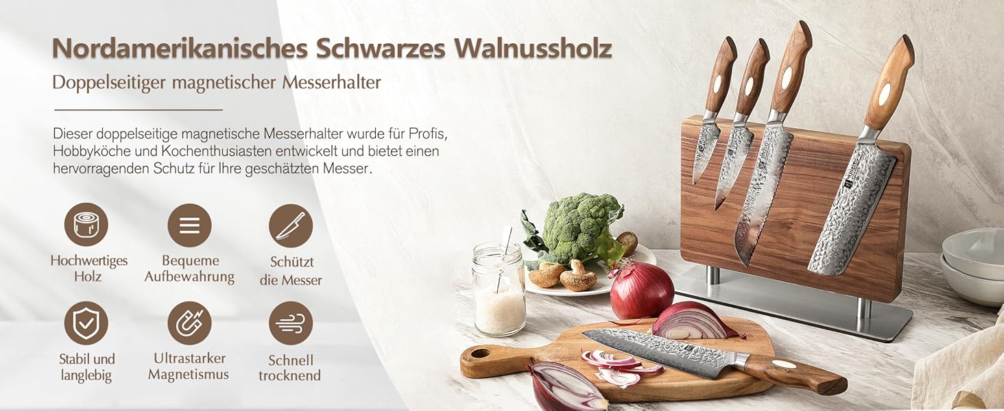 Блок для ножів XINZUO з волоського горіха, магнітний, двосторонній - тримач для ножів без ножів, для кухні, легко миється, з подарунковою коробкою