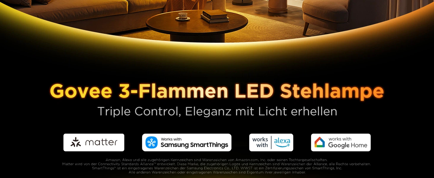 Світлодіодна підлогова лампа Govee 3-Flammen RGBWW, Matter, 1500lm, сумісна з Alexa, 64+ сцени, синхронізація з музикою, 157см, чорна для вітальні, спальні, кабінету