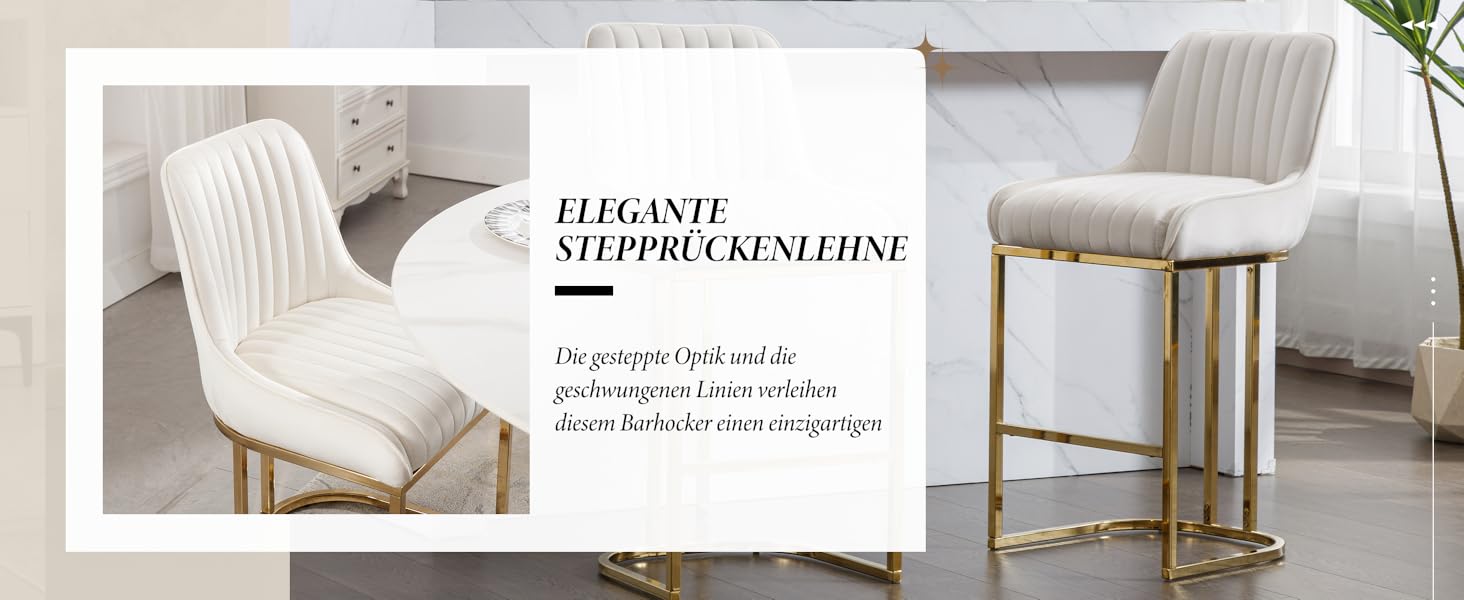 Набір з 2 барних стільців з велюру з золотистими ніжками, з підлокітниками та спинкою для кухонної стійки/домашнього бару (білий)