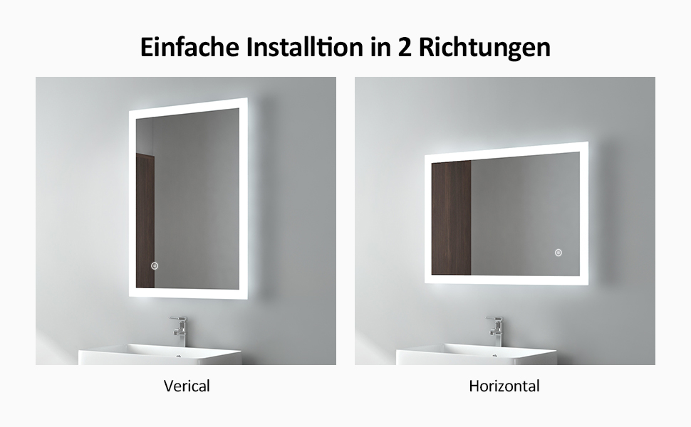 LED дзеркало для ванної кімнати EMKE 80x60 см з підсвічуванням, холодним білим світлом, сенсорним вимикачем, IP44, енергозберігаюче