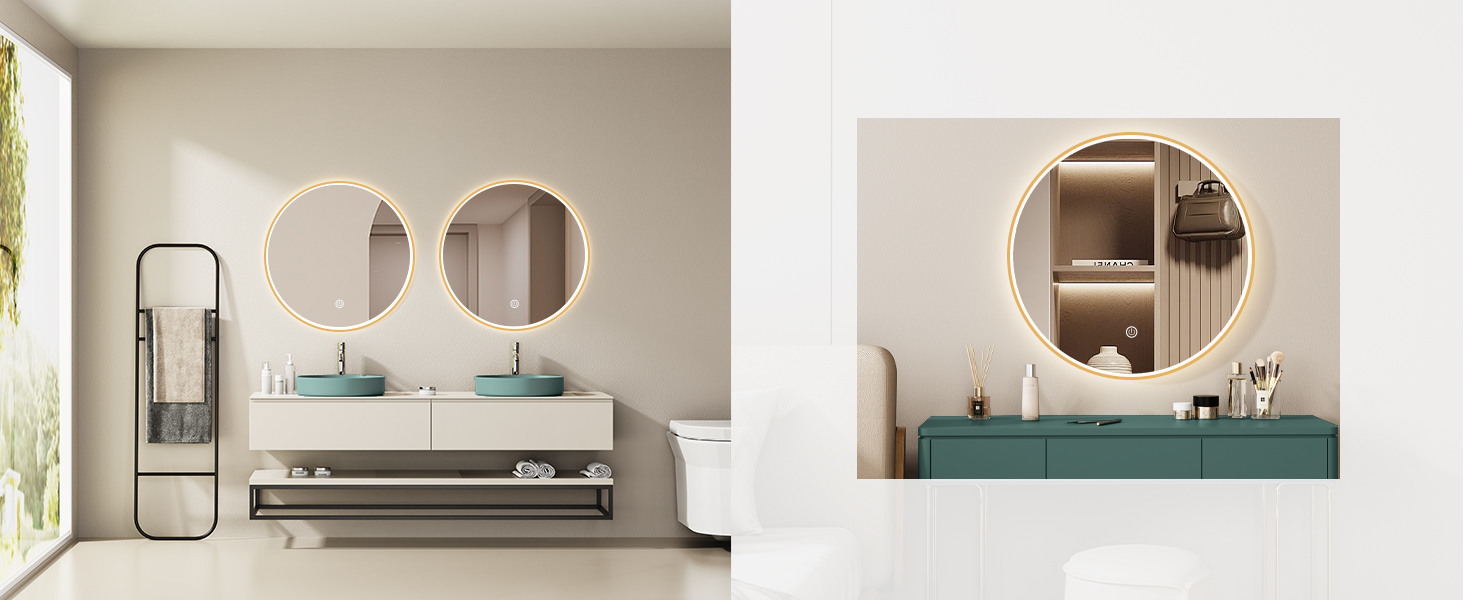 Дзеркало для ванної кімнати HOKO круглої форми, 80 см з підсвічуванням, антизапарювання, рамка, сенсорний вимикач з пам'яттю, регулювання світла 2700-6500K (тепле біле - холодне біле - нейтральне), 80 x 80 см, чорний колір