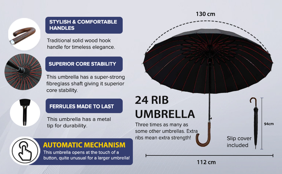 КОМІР І МАНЖЕТИ ЛОНДОН - 24 ребра - ДУЖЕ МІЦНИЙ - Парасолька з автоматичною палицею - вітрозахисний - Дерев'яна ручка - чорний