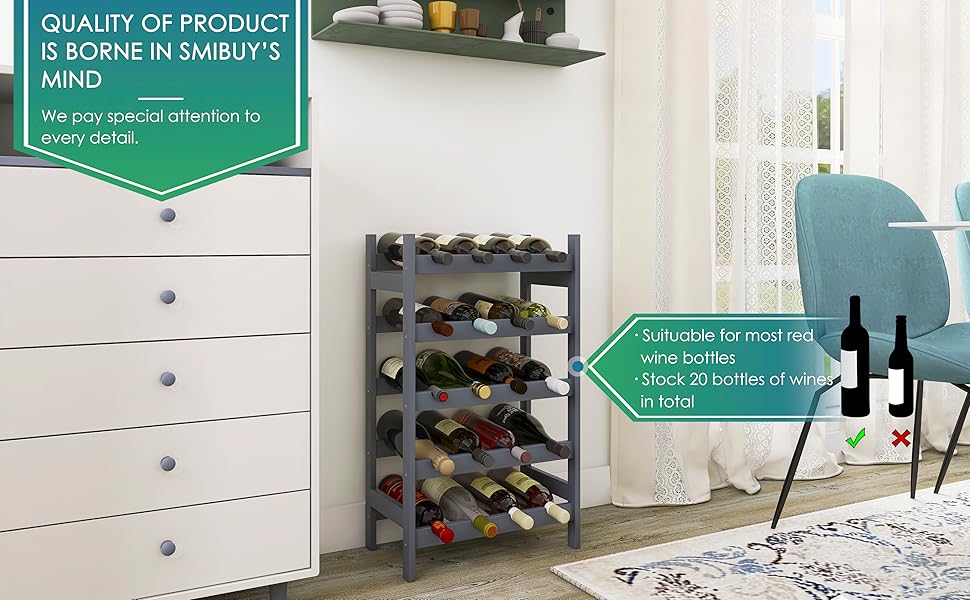 Стильна полиця для вина на 20 пляшок SMIBUY з бамбука - 5 ярусна, сіра