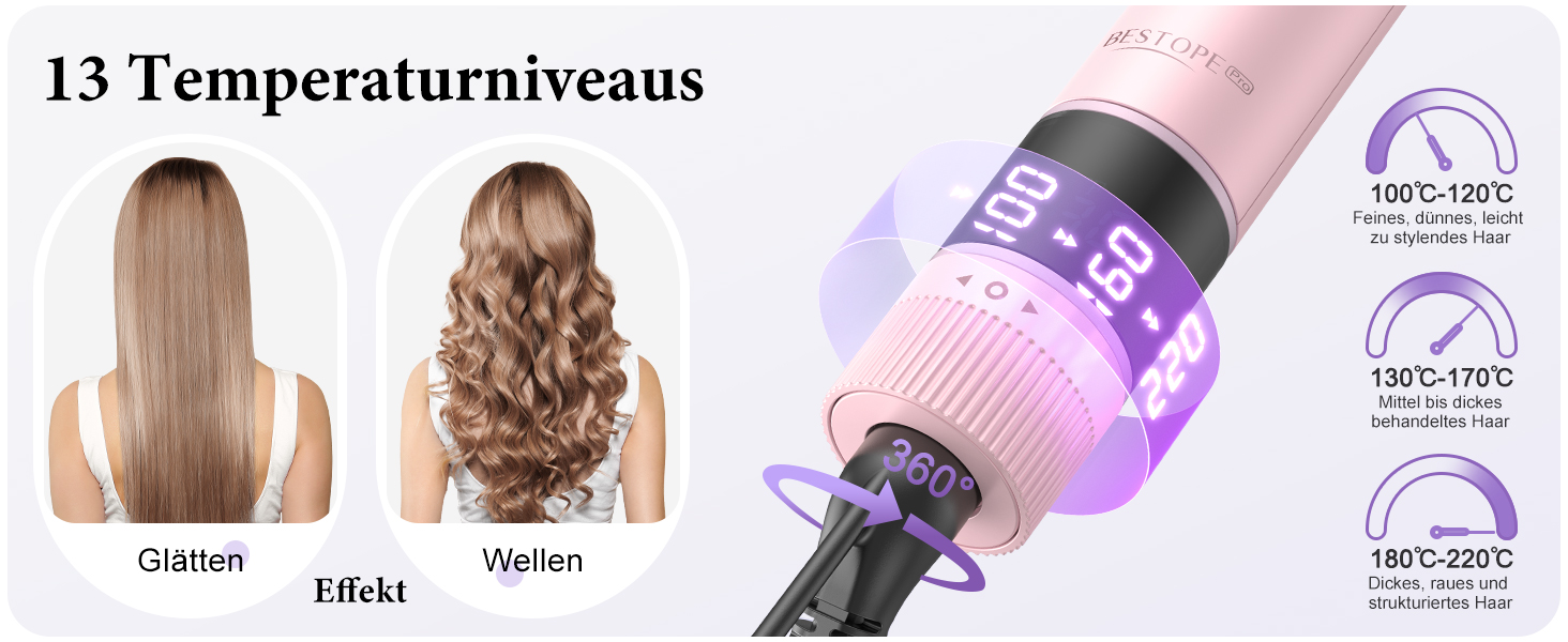 BESTOPE PRO Локкенстаб: Набір випрямляча та плойки 5 в 1 з термощіткою, 3 плойки (9-25 мм) для великих локонів, 13 температур, захисне покриття, рукавичка, затискач (Блідо-рожевий)