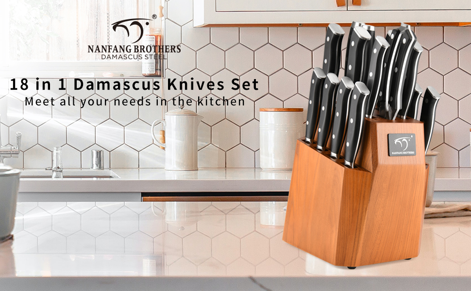 Набір професійних японських ножів NANFANG BROTHERS Messersets Damast (18 шт.) з підставкою, VG10 сталь, 67 шарів дамаску