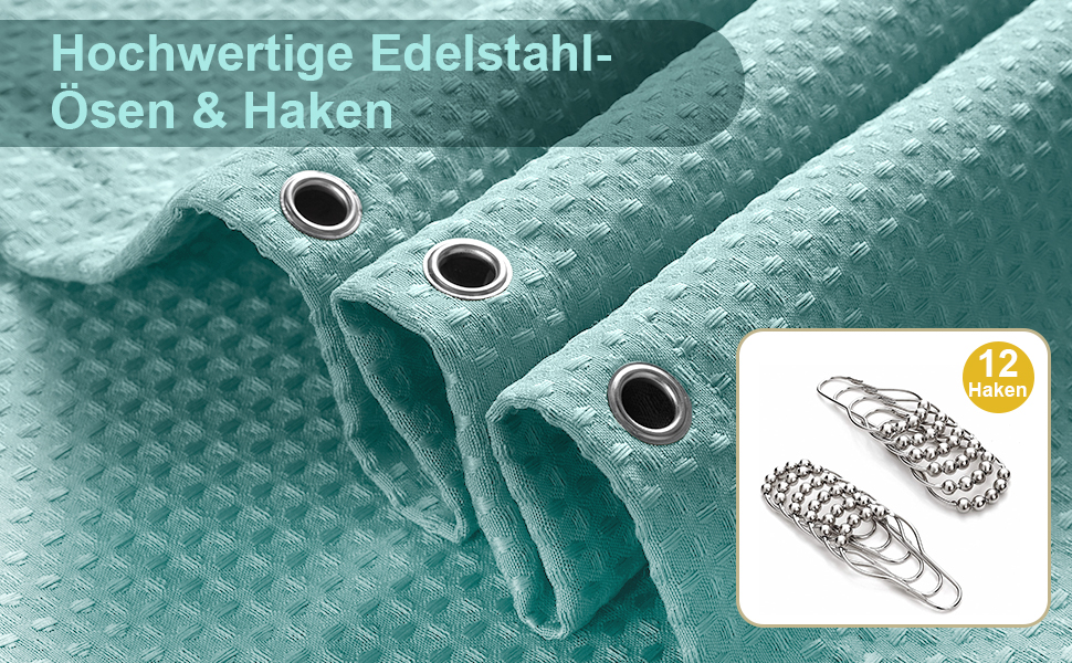 Шторка для душу з льону з металевими кільцями, тканинна, текстильна, для ванни, антигрибкова, водонепроникна, важка, для ванної кімнати, 182 x 182 см (Морська синя) (Вафля - Турквіс, H214 x B182 см (1 шт))