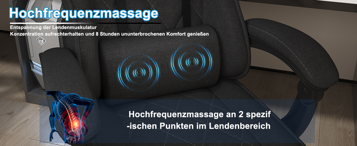 Ігровий крісло JUMMICO з тканини та підлокітниками з піною, ергономічний офісний крісло з масажером. Крісло має підголівник, підставку для ніг, регулювання висоти. Максимальне навантаження: 150 кг, чорний колір